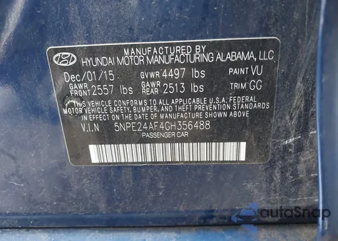 2016 Hyundai Sonata Se from USA, damaged, VIN 5NPE24AF4GH356488